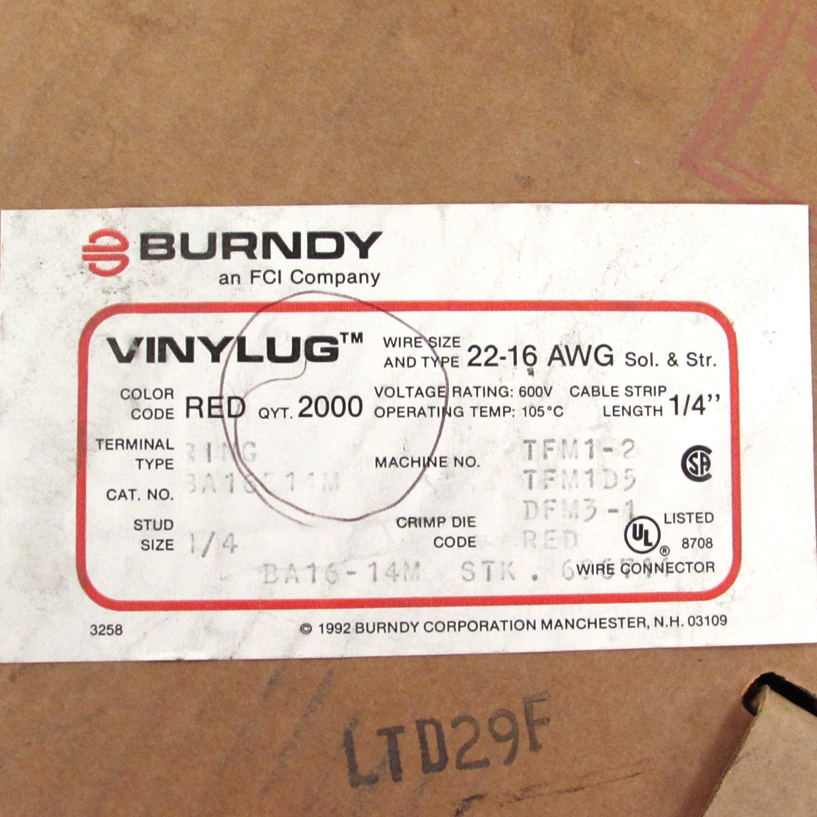 LOT of 1950 Burndy BA16-14M Ring Terminals 1/4 Stud Size on Tape Reel 22-16 AWG