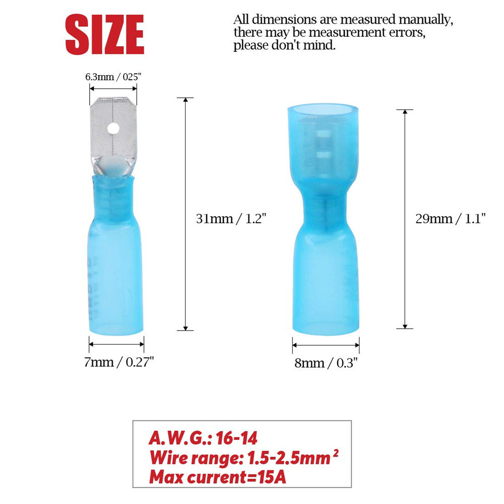 Blue 16-14AWG Waterproof Spade Female/Male Heat Shrink Wire ConnectorsTerminals
