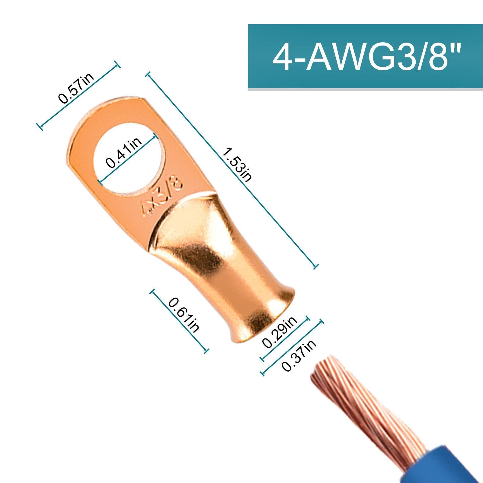 10PCS Battery Cable Ends, 4 Gauge Wire Connectors 3/8 Copper Wire Lugs, Bare