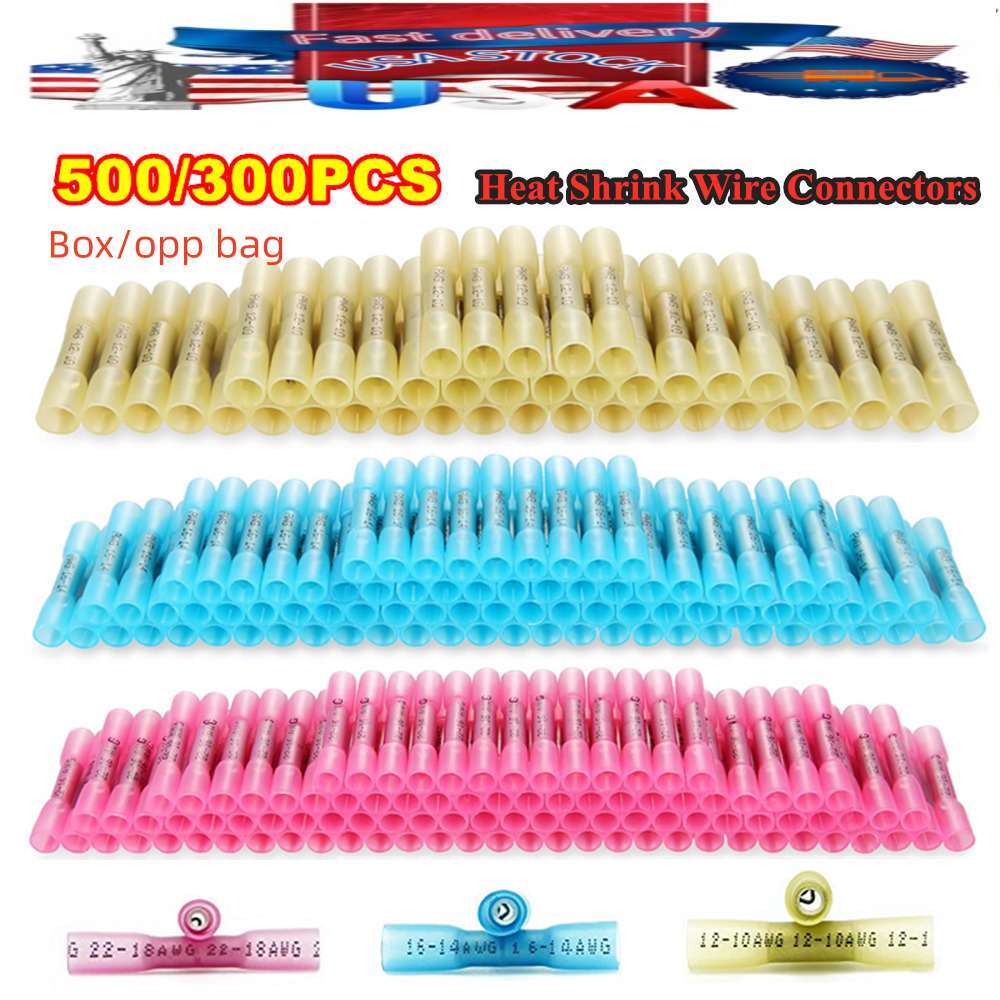 500/300Pcs 22-10AWG Heat Shrink Butt Wire Splice Connectors Seal Crimp Terminals