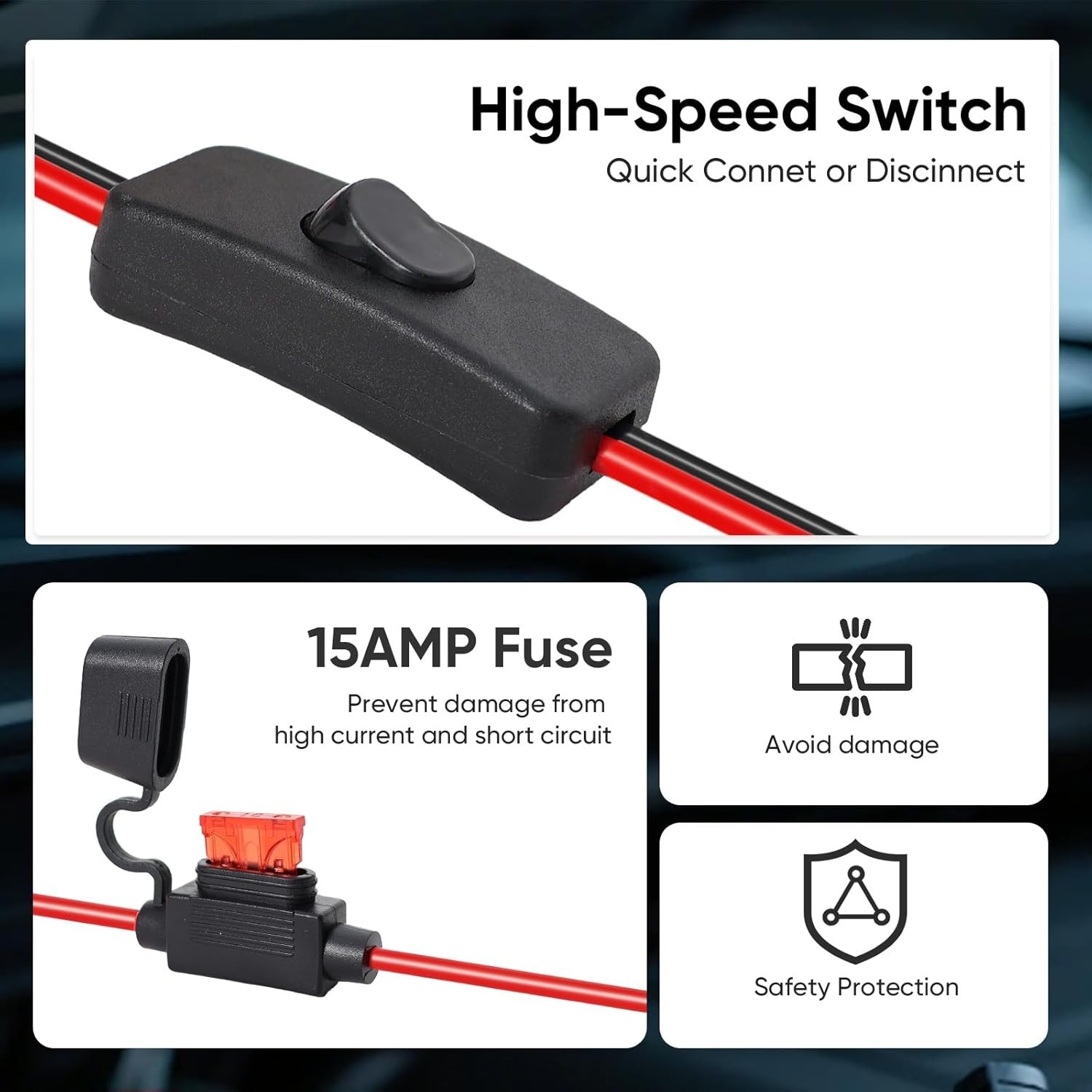 16AWG SAE Battery Tender Alligator Clips with Switch 15A Fuse 7.87FT