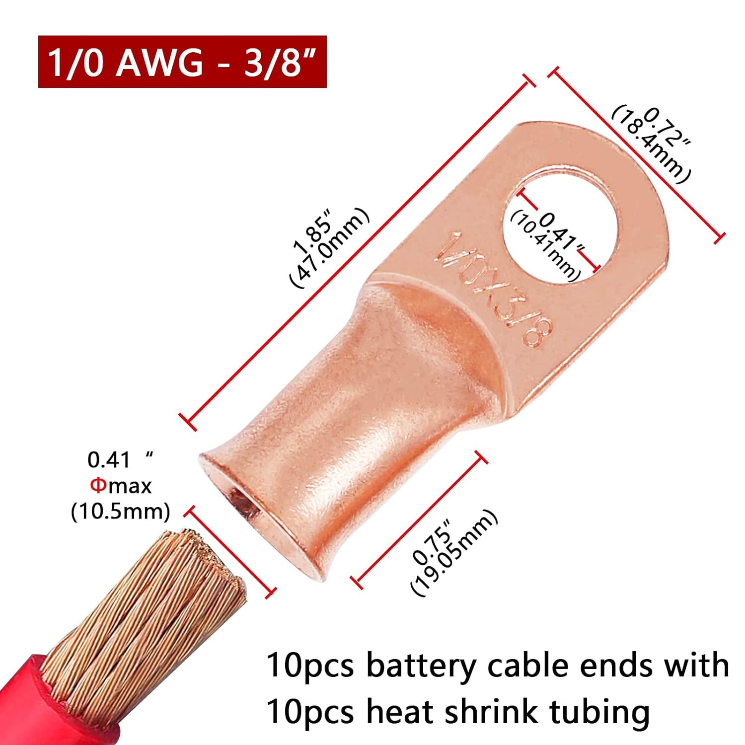 TKDMR 10 PCS 1/0 AWG – 3/8″ Battery Cable Lugs Copper Wire Ring Terminals | UL,4