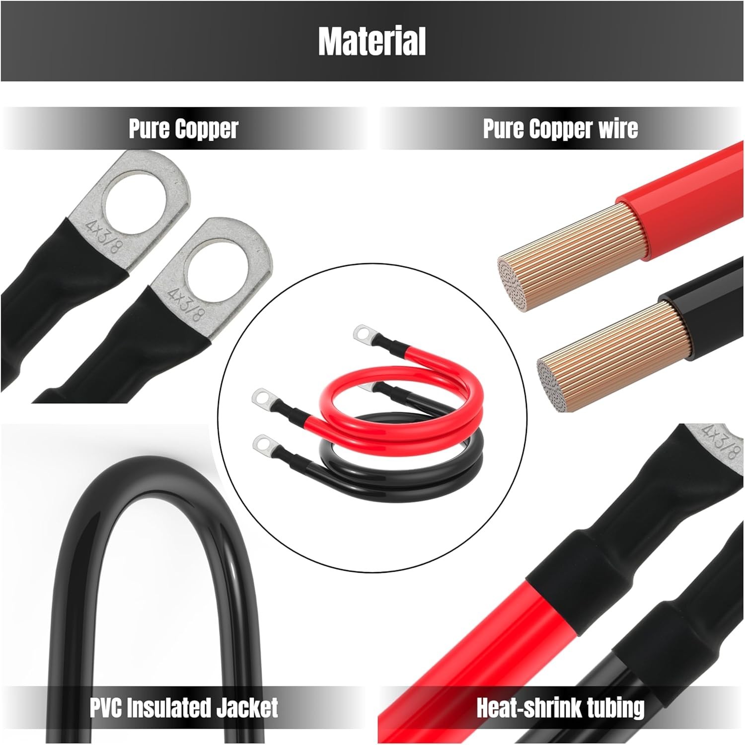 4 AWG Battery Cable 18in with 3/8 inch Lugs for RVs,Solar Inverters 2 Pairs
