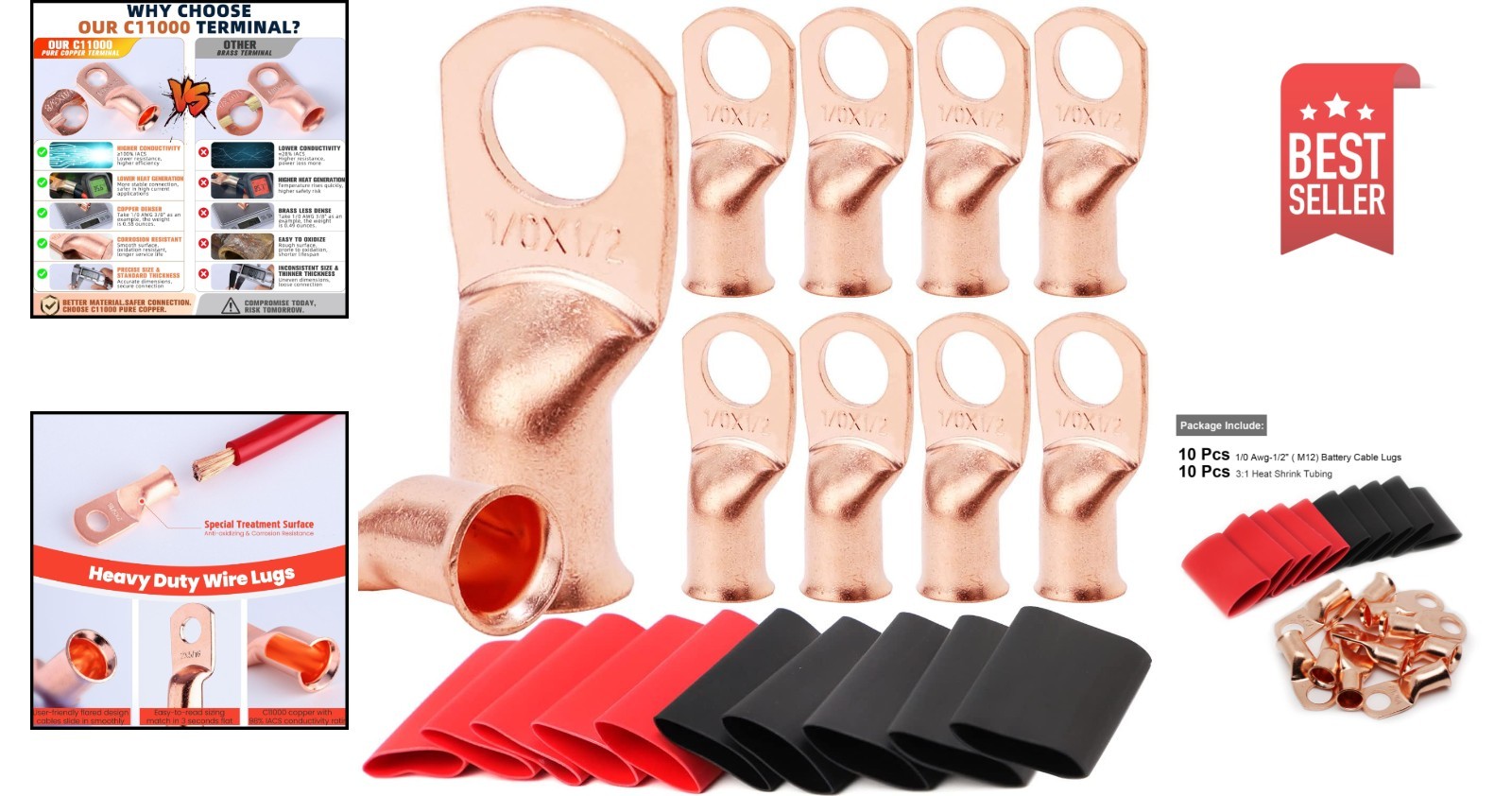 Heavy Duty Battery Terminal Connectors – 10pcs 1/0 AWG Copper with Shrink Tubes