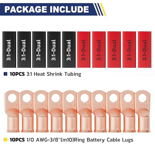 10pcs 1/0 AWG – 3/8″(M10) Battery Cable 1/0 AWG- 3/8″(M10) Ring Bare Copper