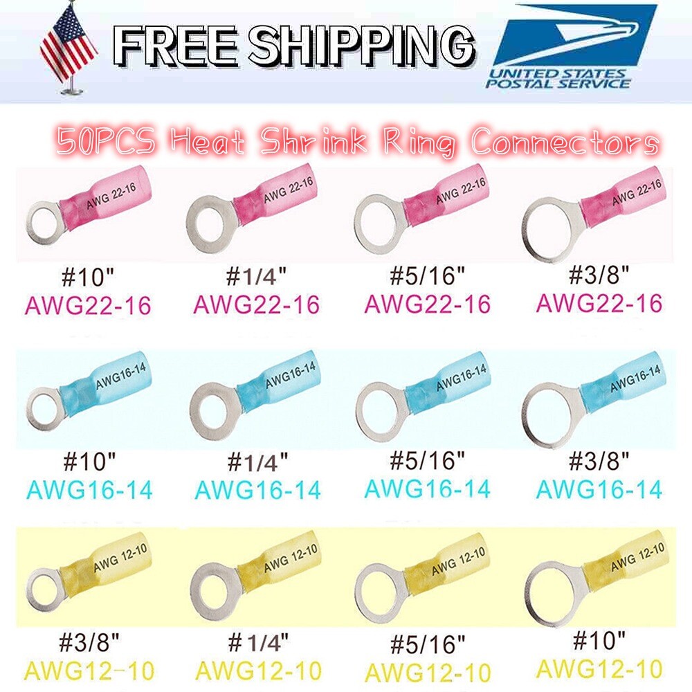 50x Wire Crimp Connectors Waterproof Heat Shrink Ring Terminals M5 M6 M8 M10 US