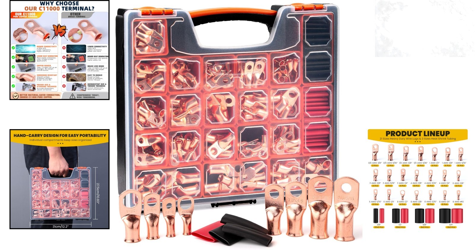 264 pcs Battery Cable Ends Kit Copper Lugs Ring Terminals with Heat Shrink Tu…