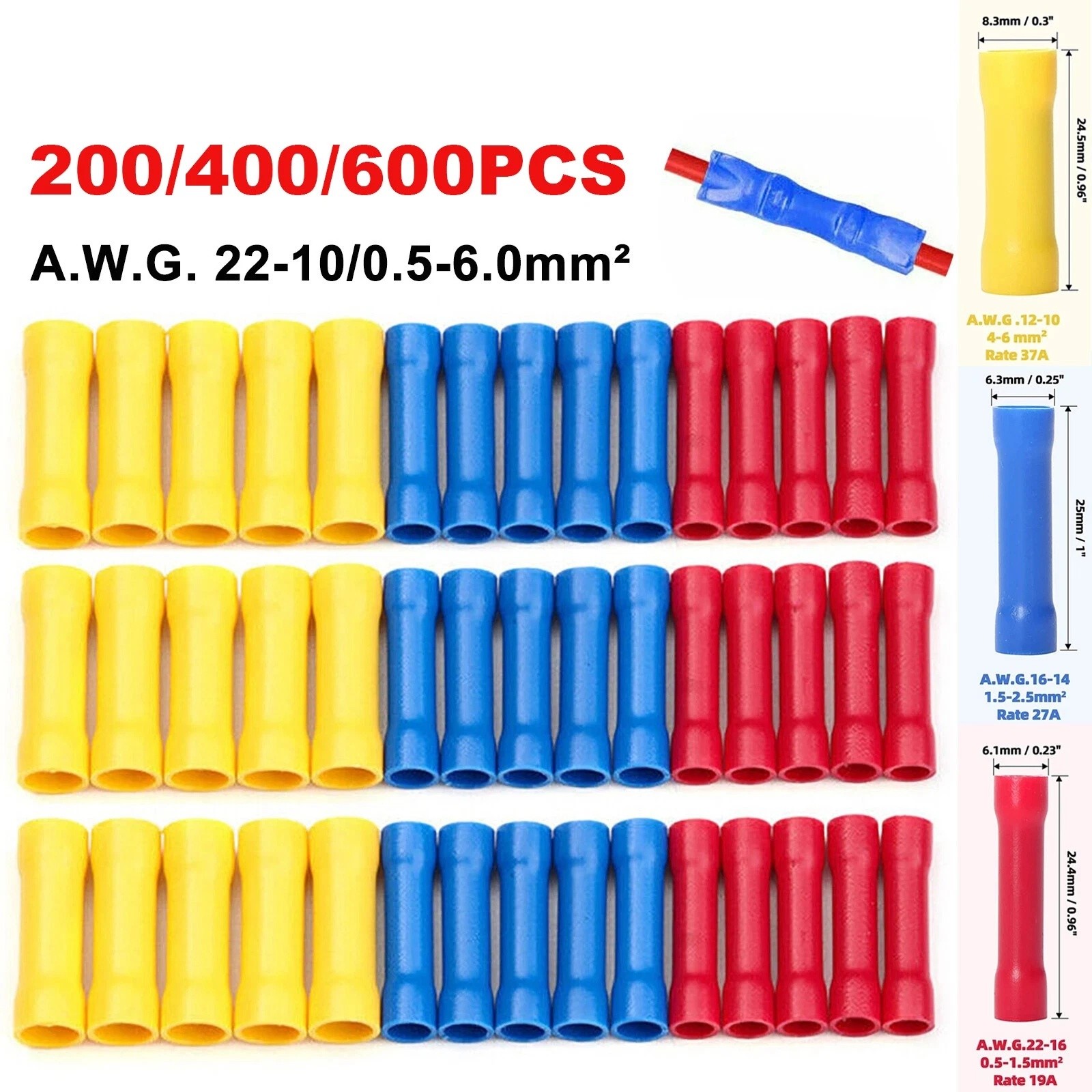 600PCS Butt Splice Connectors Insulated Electrical Straight Wire Crimp Terminals