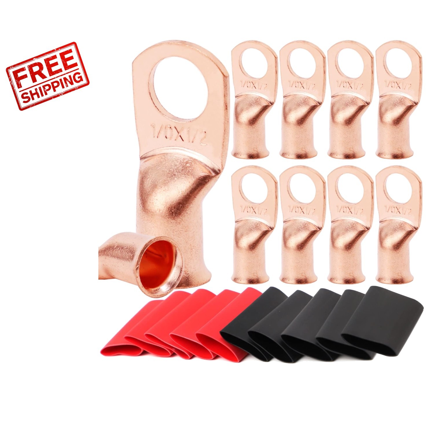 Heavy Duty Battery Terminal Connectors – 10pcs 1/0 AWG Copper with Shrink Tubes