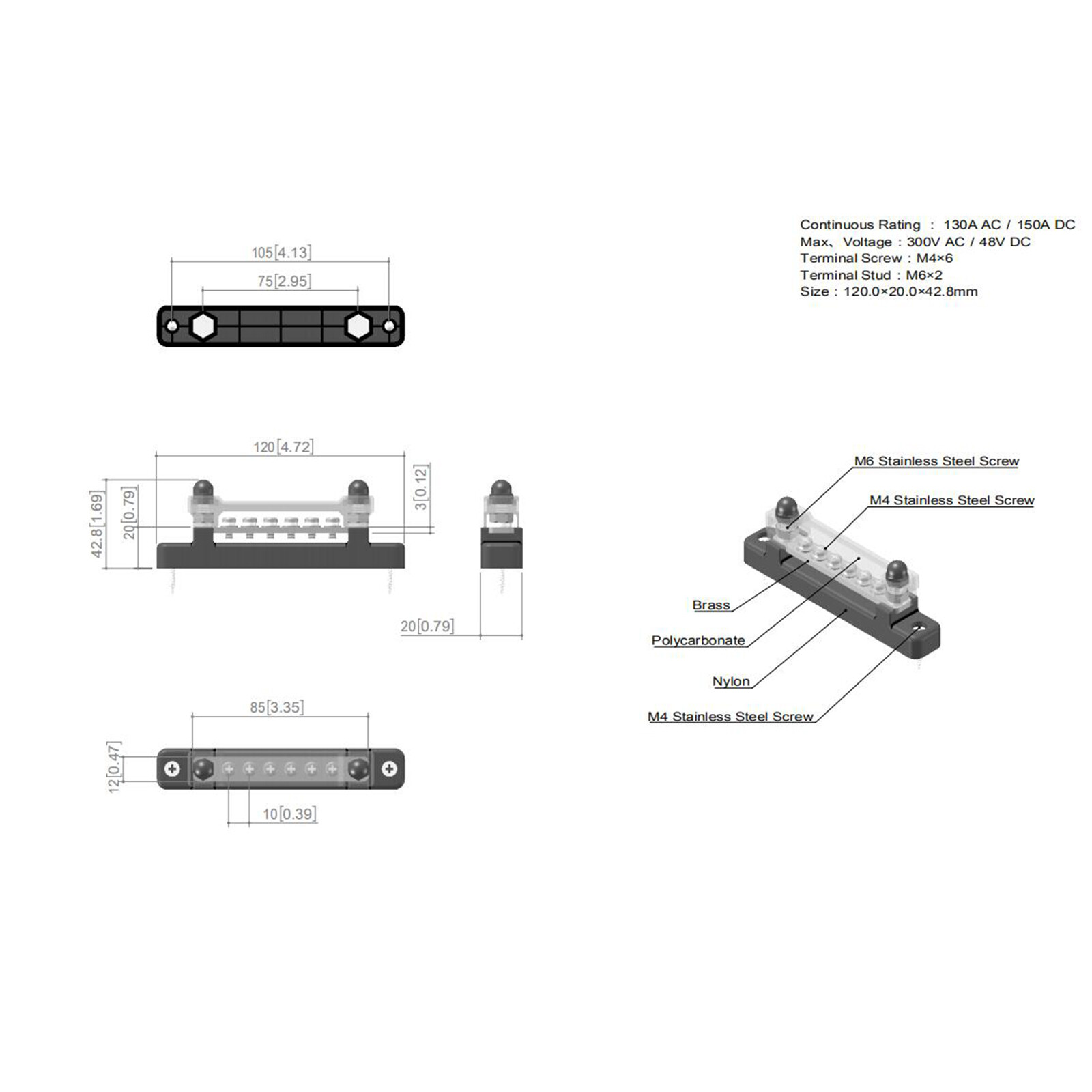 2pcs 6 Way 150A Power Distribution 12xTerminal Block Car Marine Boat 48V Bus Bar