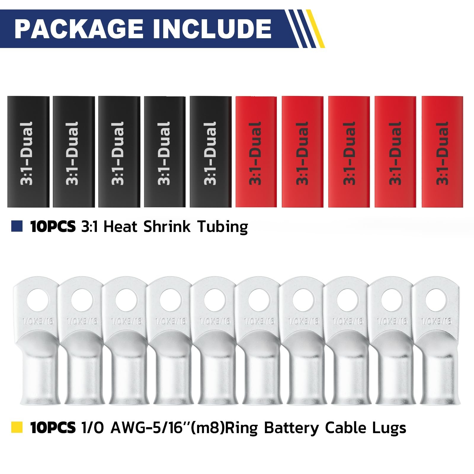 Haisstronica 10pcs 1/0 AWG – 5/16″(M8) Tinned Copper Battery Lugs,Heavy Duty …