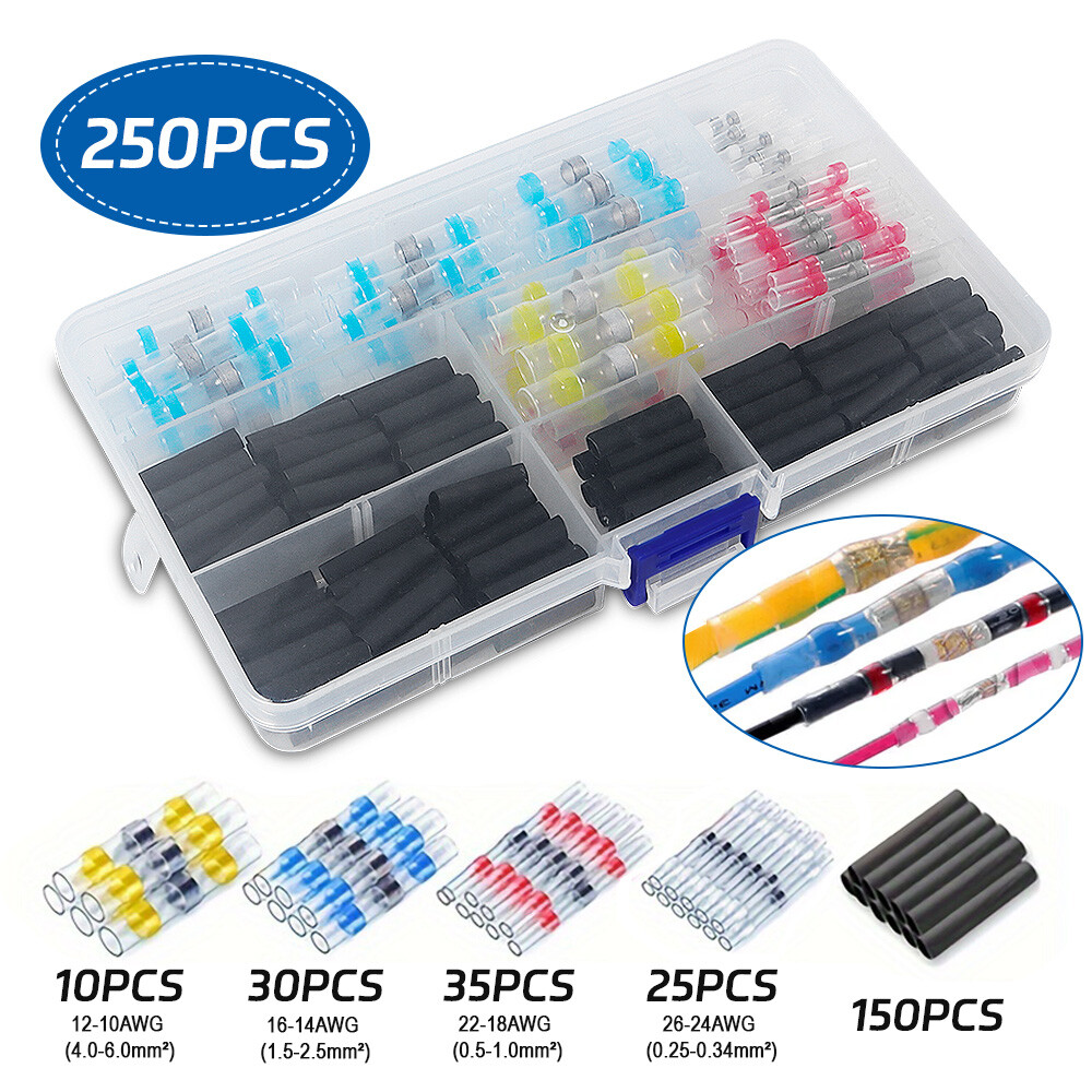250pcs Waterproof Solder Seal Heat Shrink Wire Butt Terminal Connectors Kit