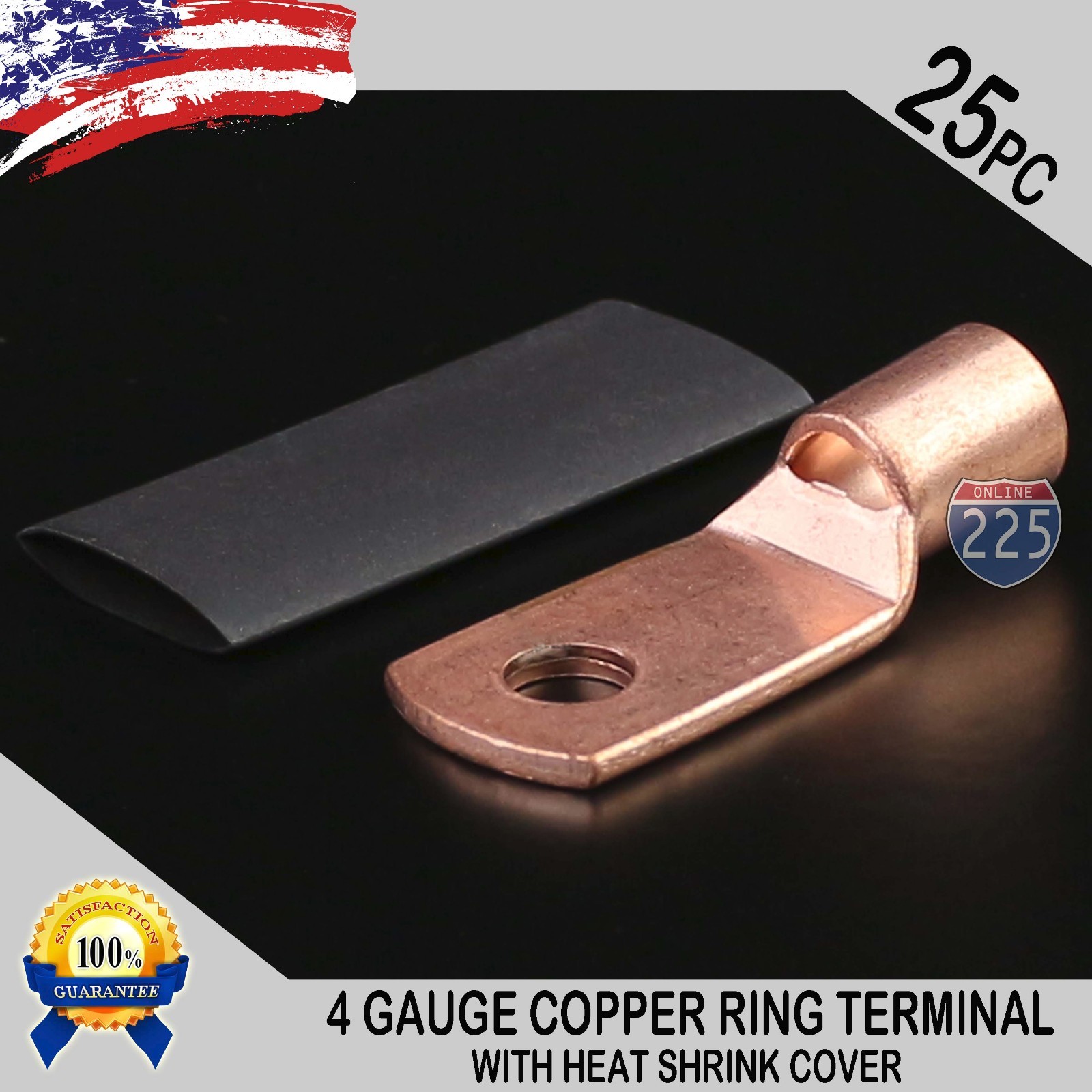 25 PCS 4 AWG 4 GA Copper Ring Terminal Heat Shrink 1/4″ Stud Hole Lug Connector