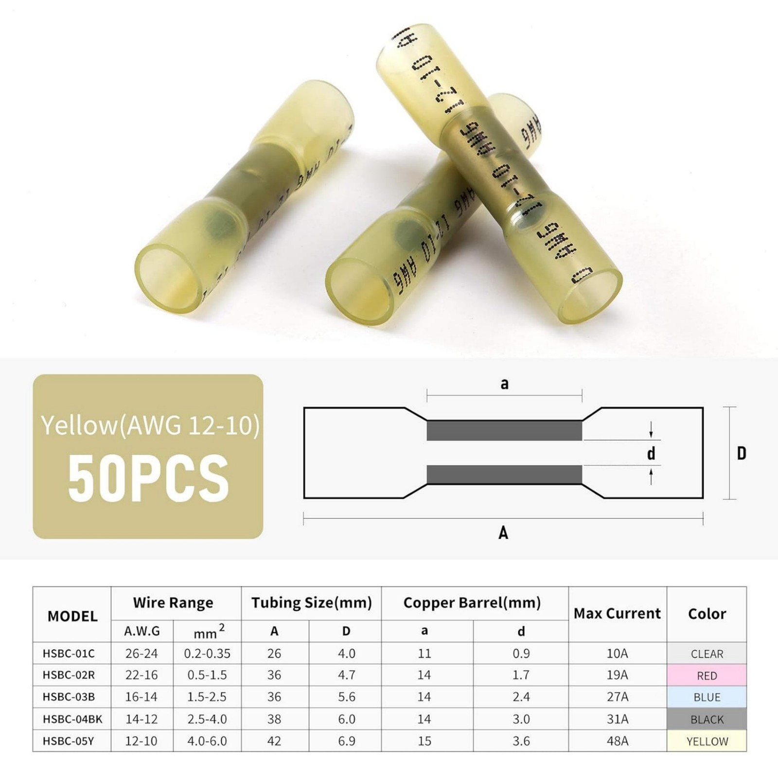 Waterproof Butt Splices Heat Shrink Connectors Tin-Copper AWG 12-10 16-14 22-16
