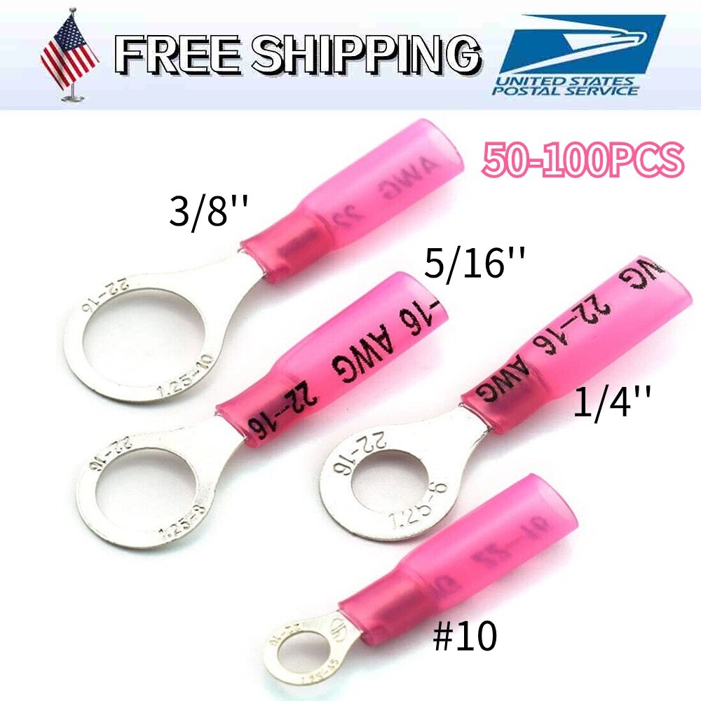 50-200Pcs Waterproof Heat Shrink Wire Connectors Crimp Ring Terminals 22-16AWG