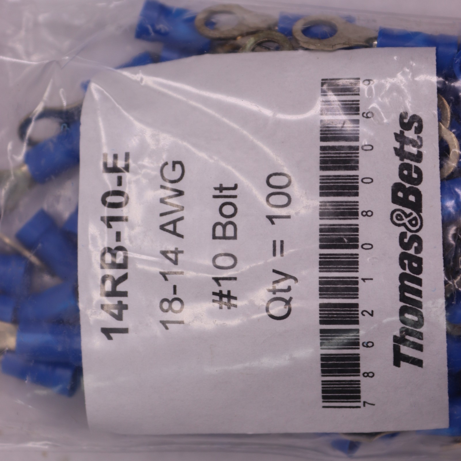 (100-Pk) Thomas & Betts Insulated Vinyl Ring Terminal 18-14 AWG 14RB-10-E