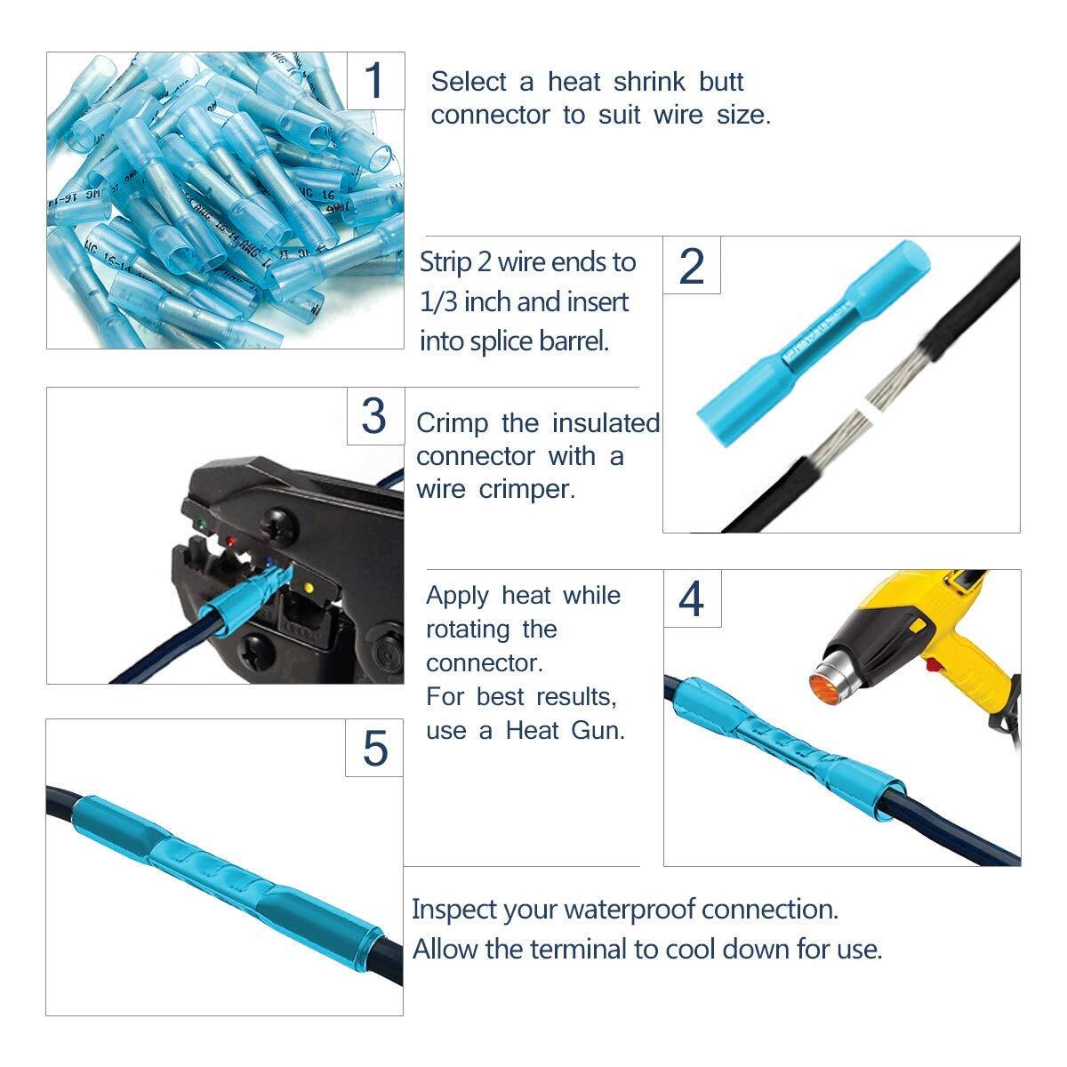 200PC Heat Shrink Butt Red Blue Yellow Waterproof Wire Connectors Seal Terminals