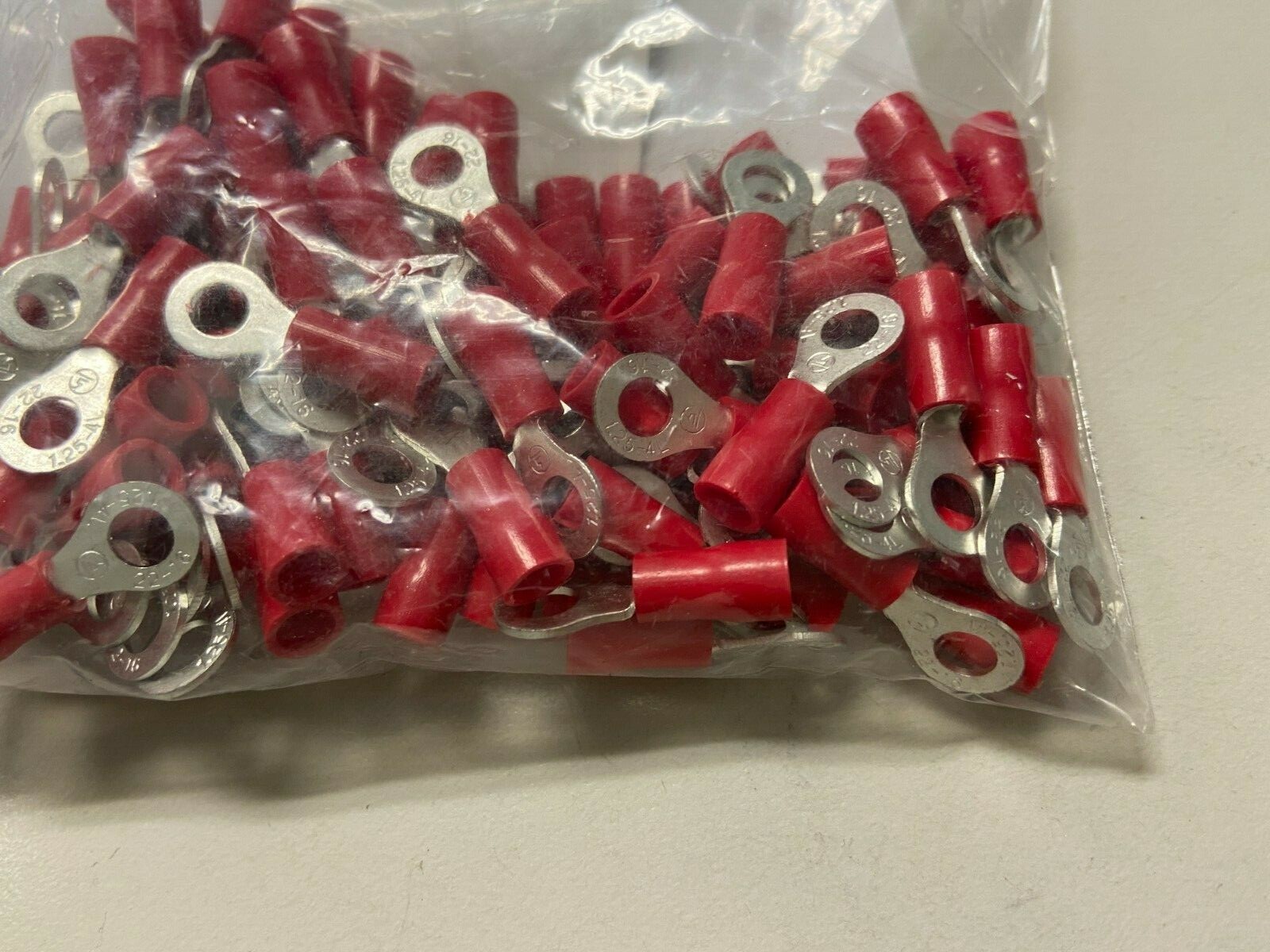 100PK Ring Terminal, 22-18 RED Vinyl Insulated # 8 hole