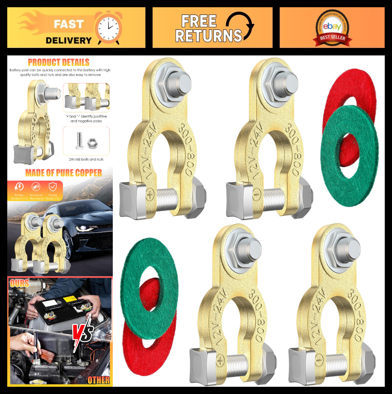 Heavy Duty Pure Copper Battery Terminal Connectors with Anti-Corrosion Pads – 2