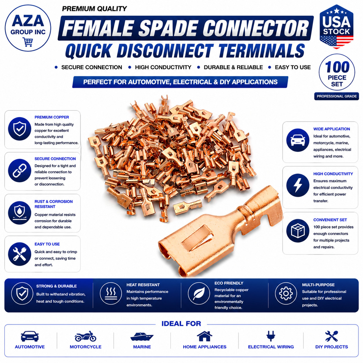 100 Pack 4.8mm Female Spade Locking Tab Quick Splice Crimp Terminal Connector