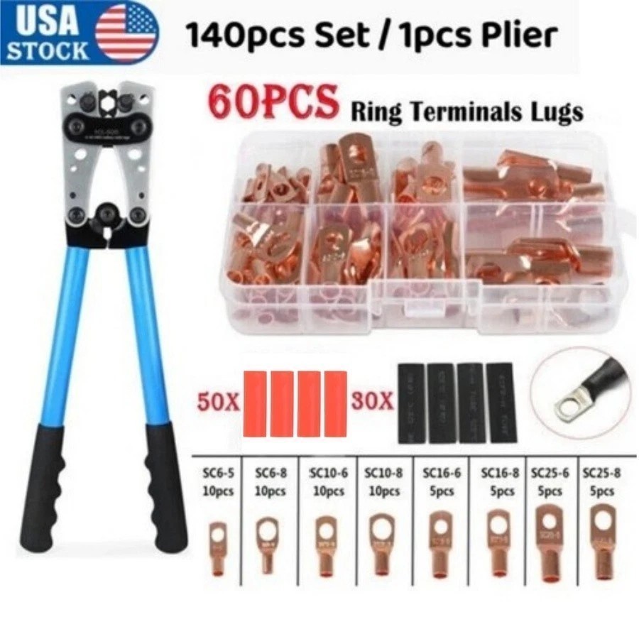 Battery Cable Lug Crimping Tool 10-1 AWG/W 140PC Copper Ring Terminal Heavy Duty