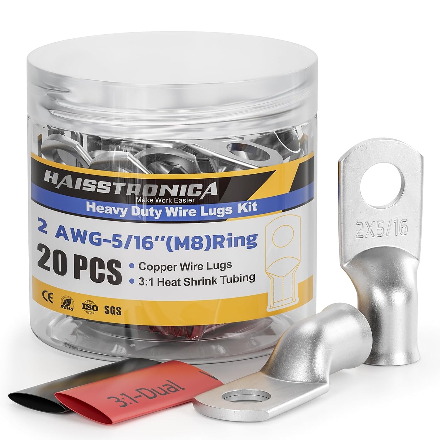 haisstronica 10pcs 2 AWG – 5/16″ (M8) Tinned Copper Battery Lugs, Heavy Duty Cop