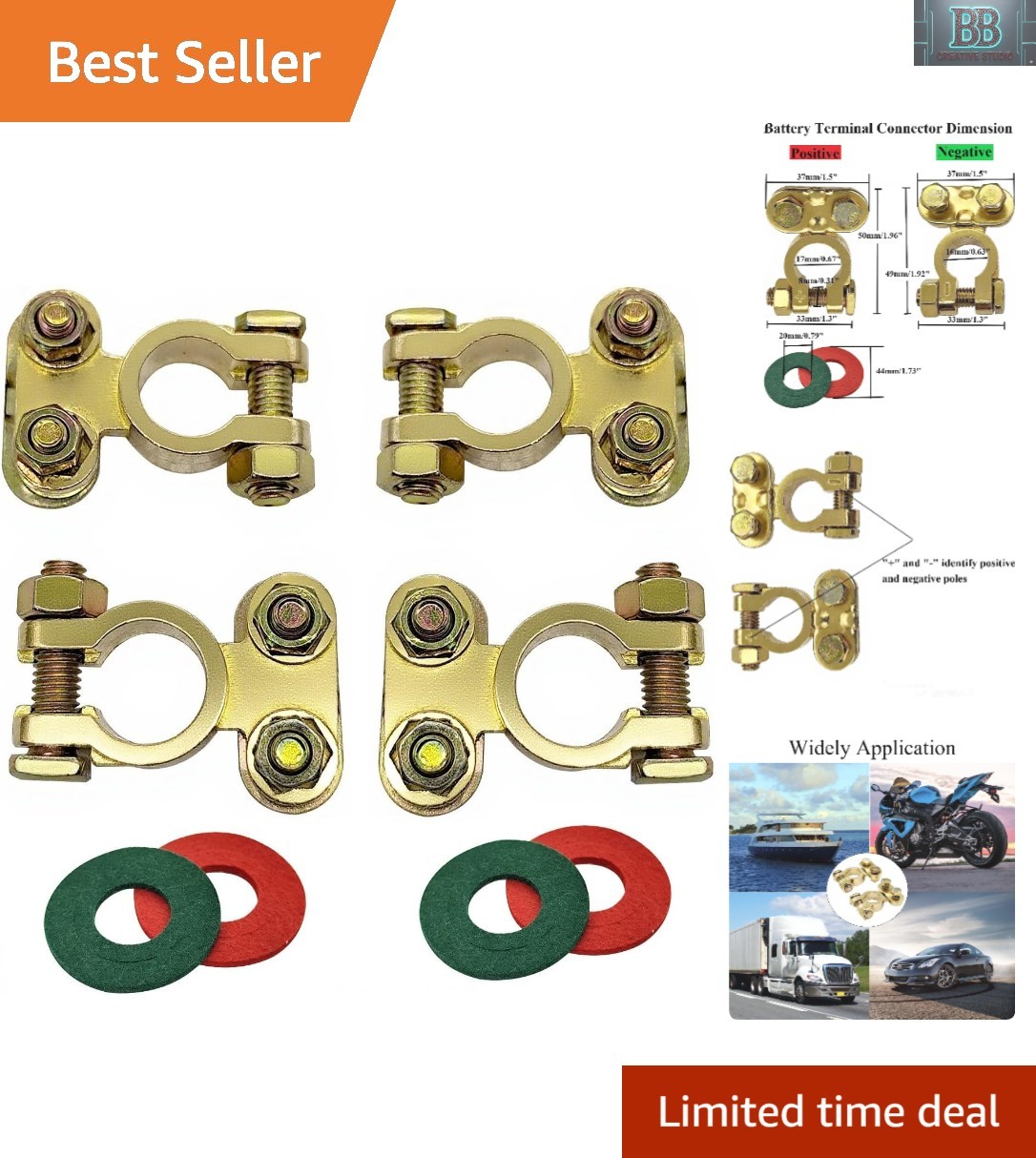 Versatile 12V Battery Terminal Connectors for Car, Boat, RV & ATV – Gold Finish