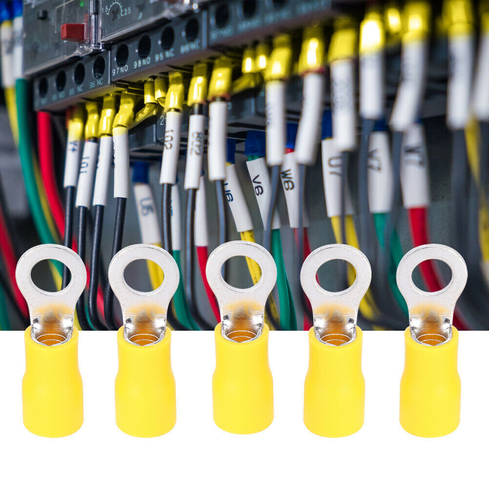 100pcs 12-10 AWG Yellow Copper PVC Tinplate Insulated Crimp Ring Terminal