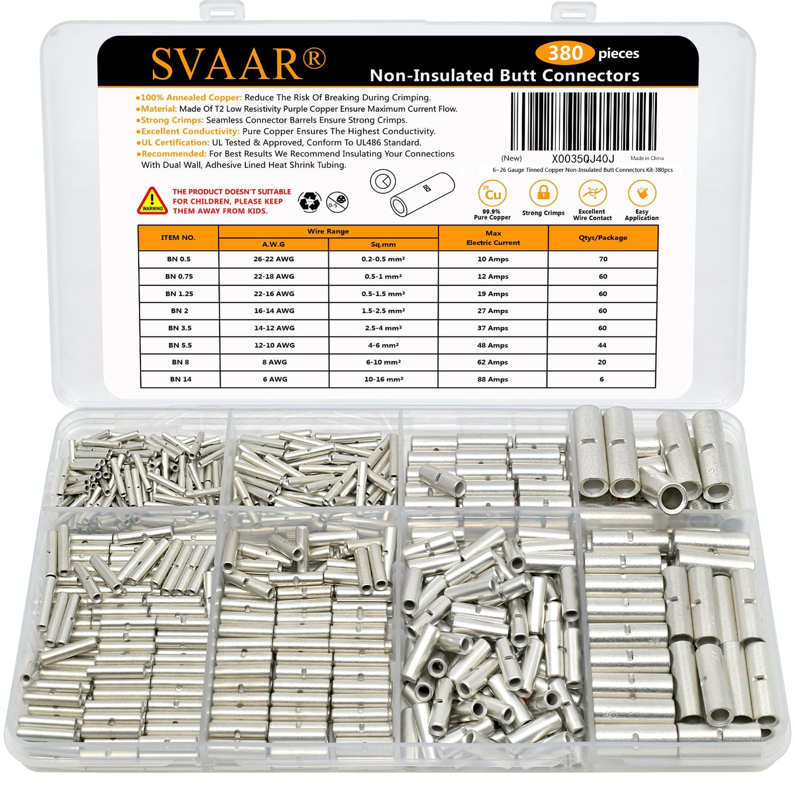 380PCS Non Insulated Butt Connectors Kit Copper Crimp Wire Terminals