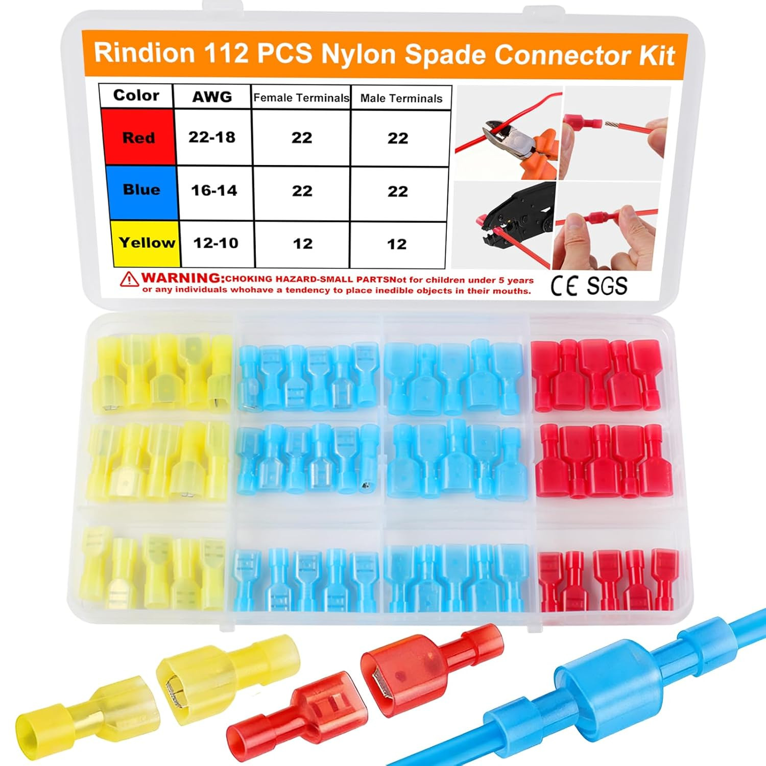 112PCS Nylon Spade Connector Kit 22-10AWG Quick Disconnect Wire Spade Connectors
