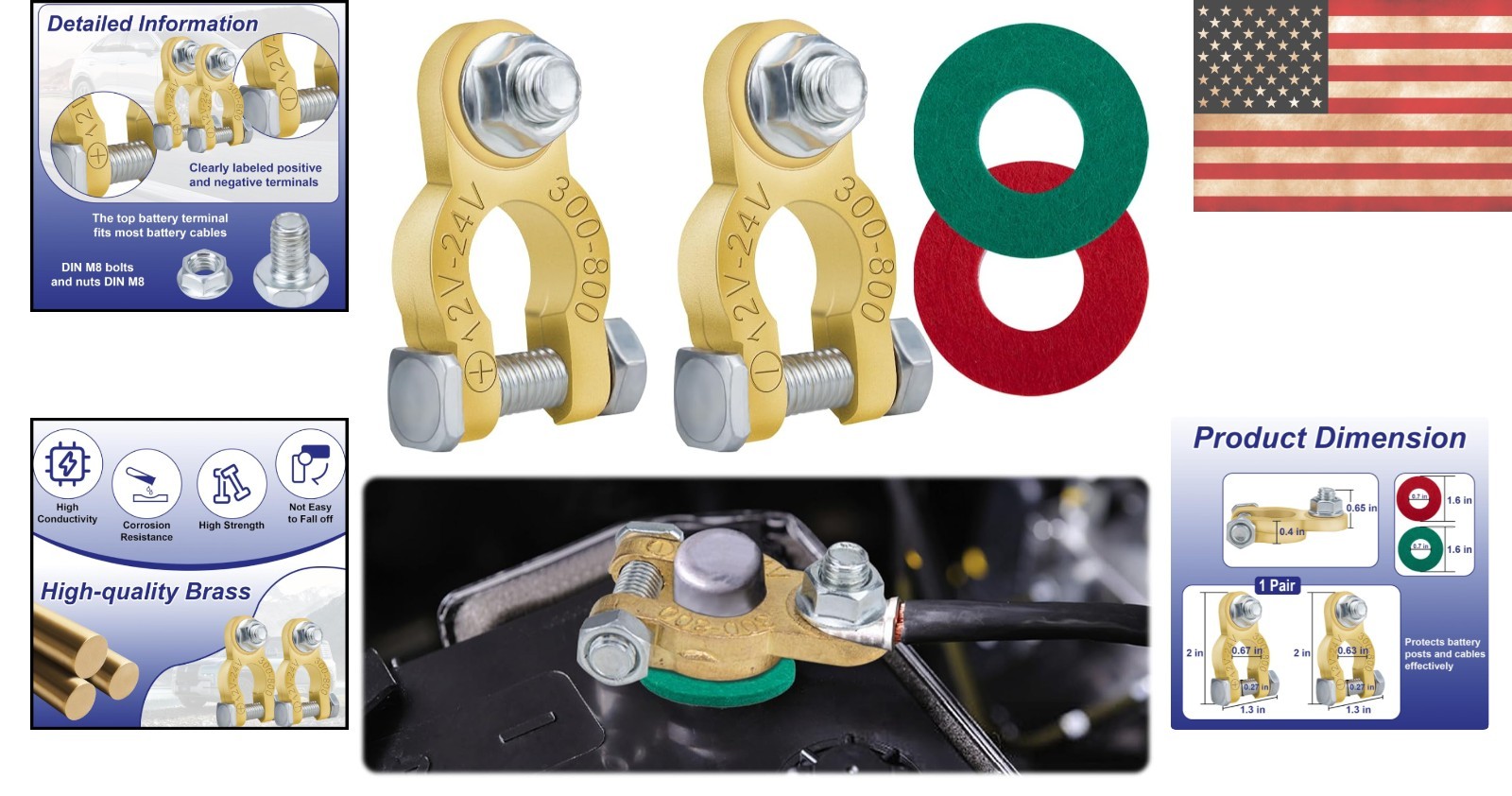1 Pair Automotive Battery Terminal Connectors with Protective Washers – 12V/24V