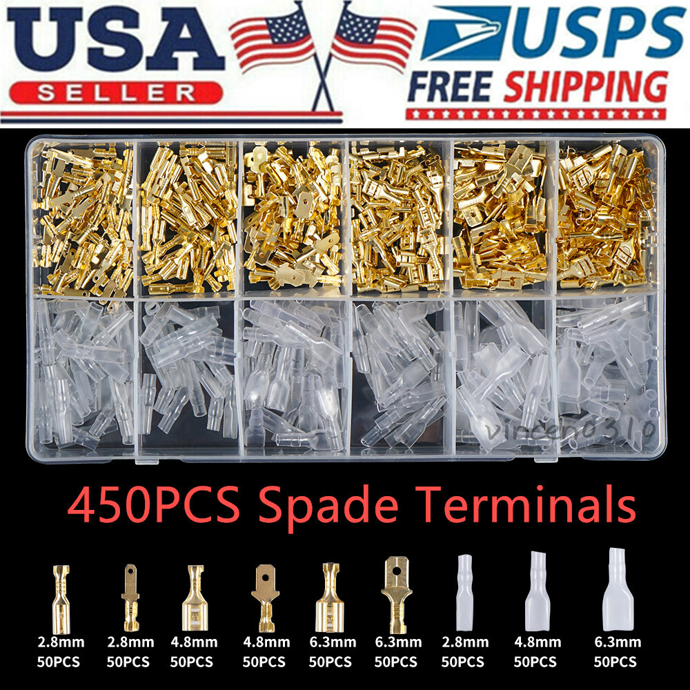 450X Assortment Terminals Kit Electrical Wire Crimp Connectors Male Female Spade