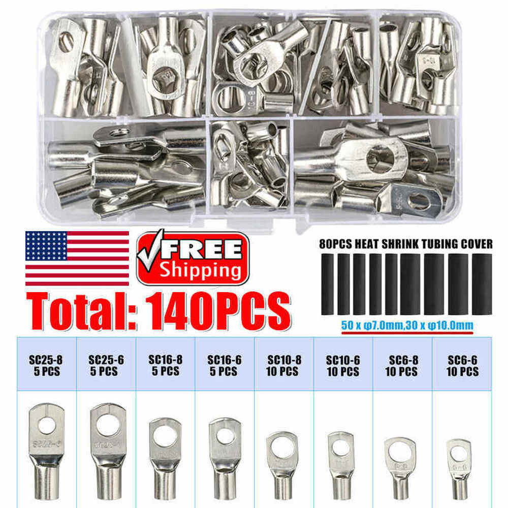 140Pcs Battery Cable Lugs Eyelets Copper Ring Terminals Crimp Wire Connectors US