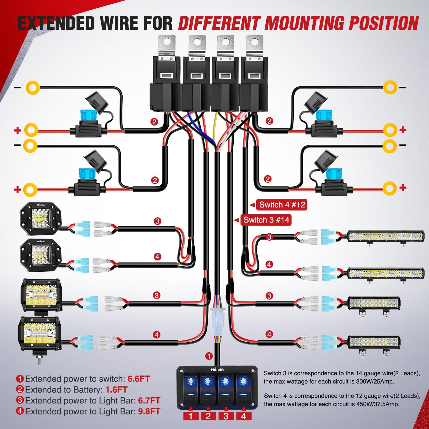 16AWG 14AWG 12AWG LED Light Bar Wiring Harness Kit – 8 Leads | 12V On/Off 4 Gang