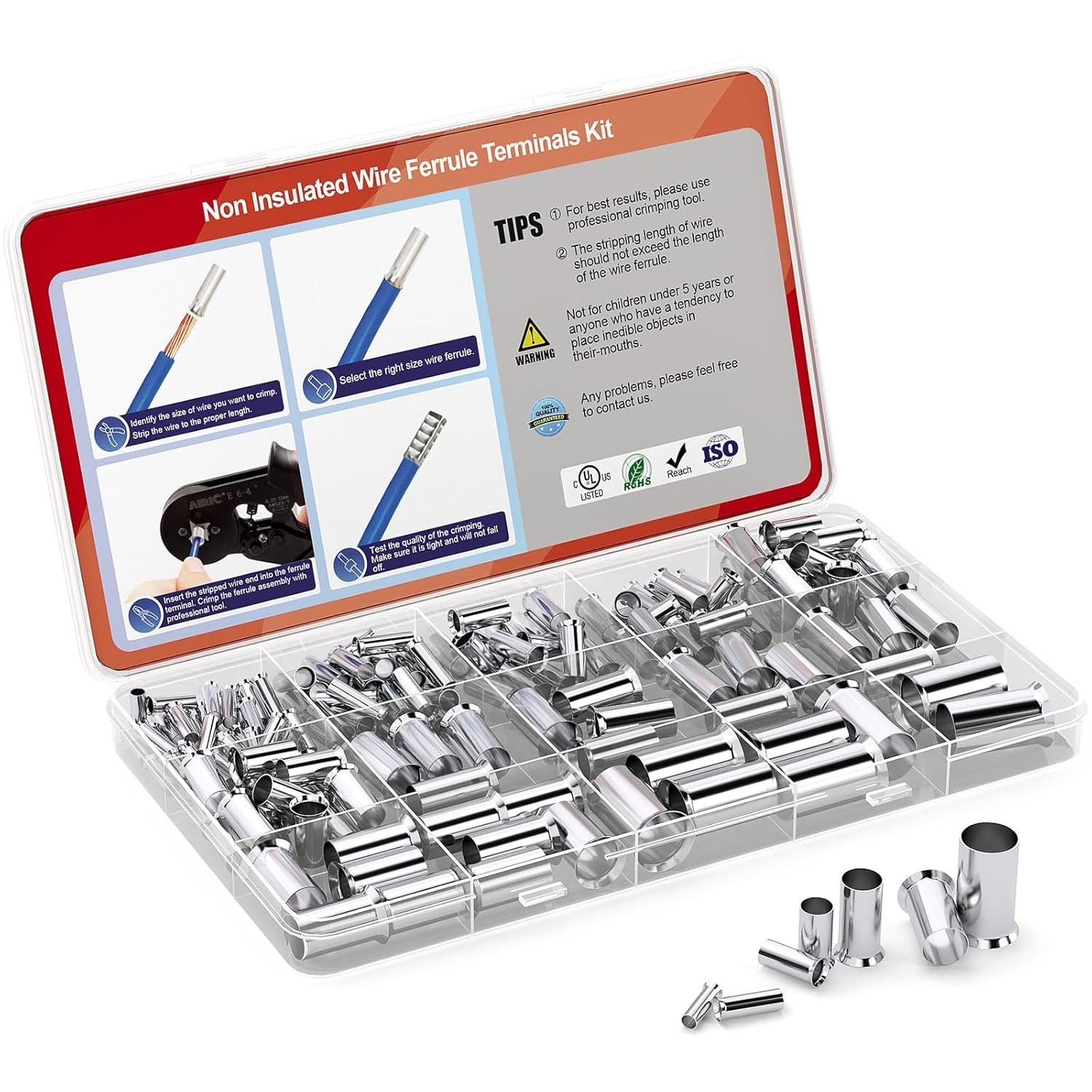 168 Pcs Wire Ferrules Kit 12-1/0 Gauge, Tinned Crimp Copper Ferrule Connectors