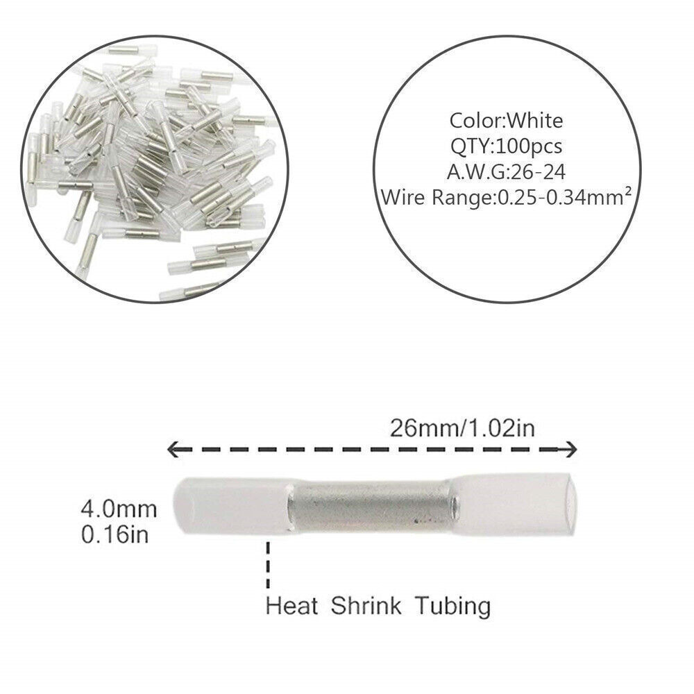 50-500 White Heat Shrink Butt Wire Connectors Waterproof Terminals AWG 26-22