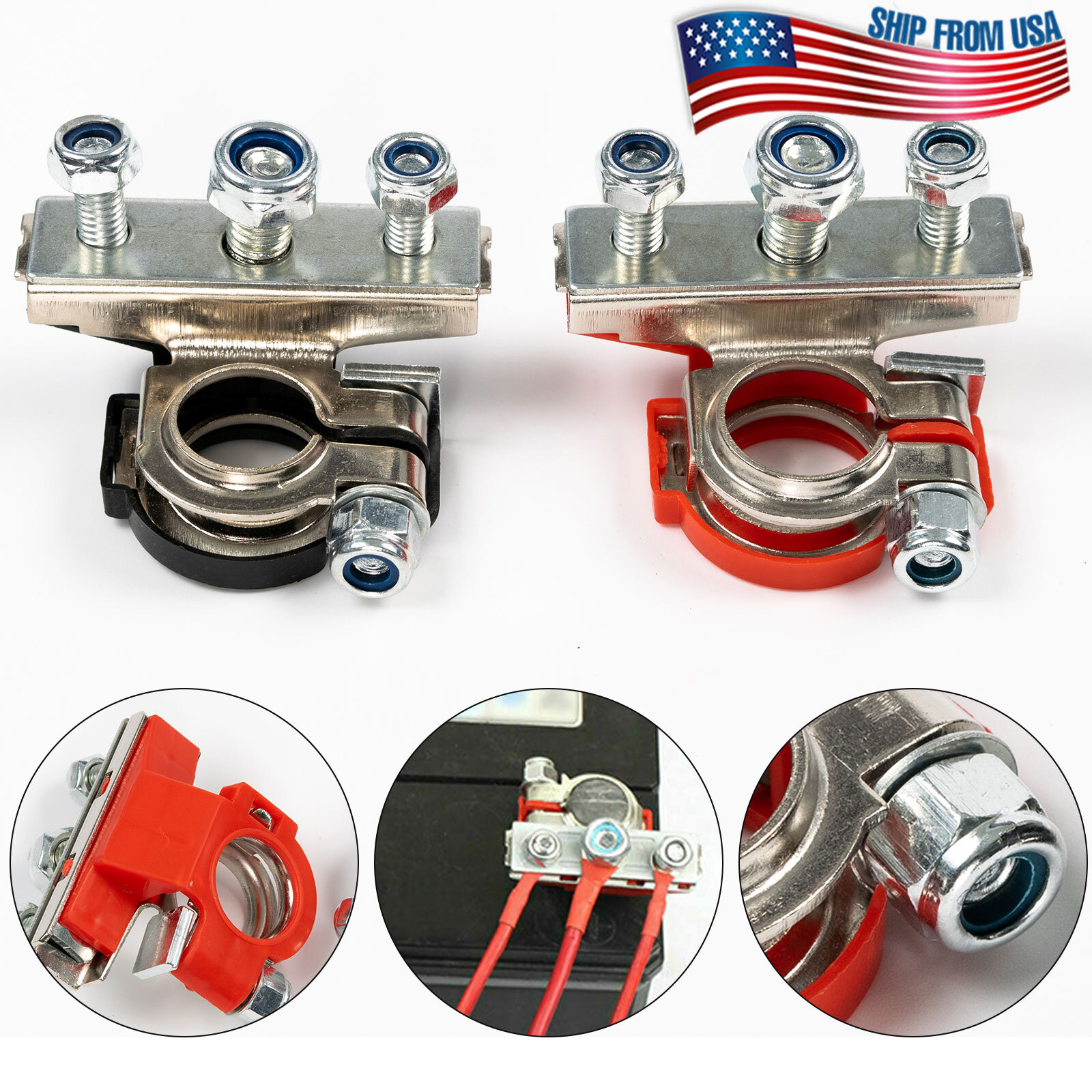 Car Marine Top Post Battery Fast Terminals Cable Connectors Clamps 12V 3 Way Kit
