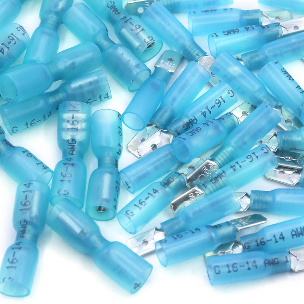 100PCS 14-16Gauge Blue Shrink Crimp Spade Terminals Heat Wire Connectors AWG Kit