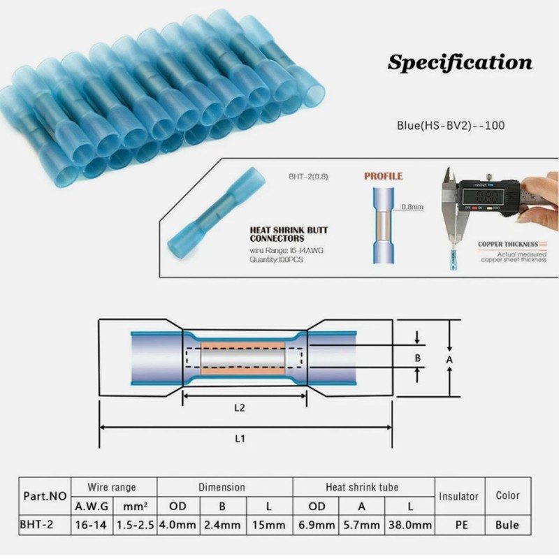 200X BLUE HEAT SHRINK BUTT CONNECTORS WIRE 14-16 GAUGE WATERPROOF WIRING