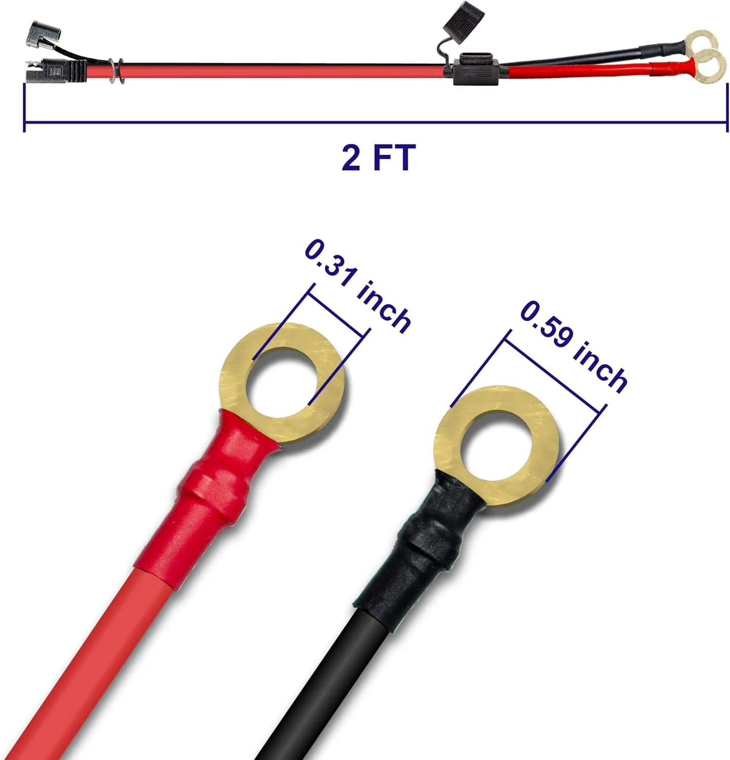 10AWG 2FT Charger Cable, SAE to O Ring Terminal Quick Disconnect Harness, 2 Pin