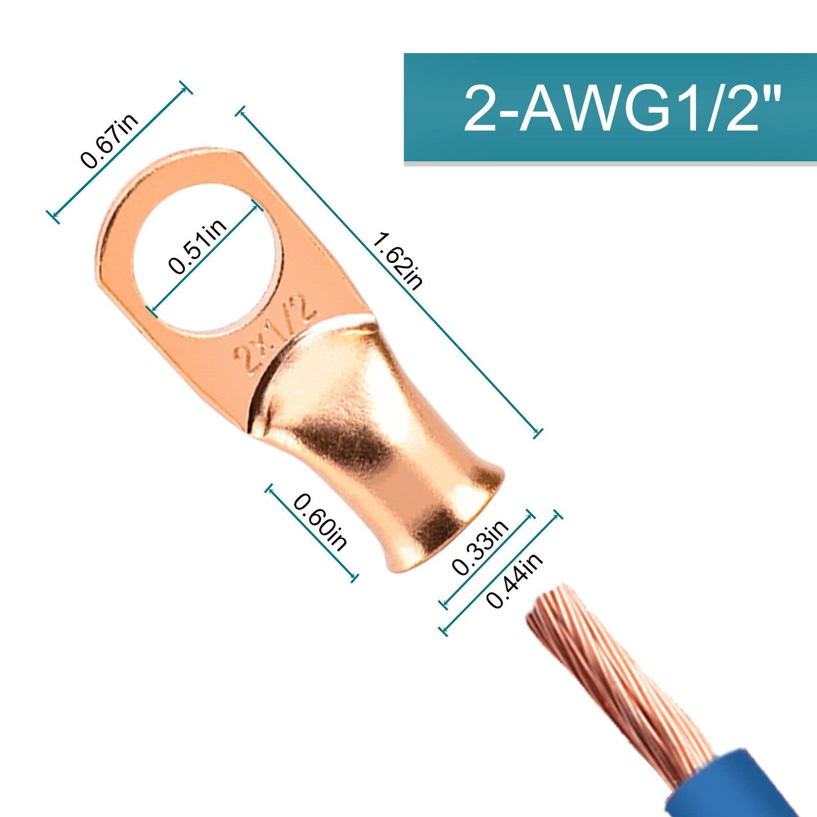 10PCS Battery Cable Ends, 2 Gauge Wire Connectors 1/2 2AWG*1/2″(M12), Copper