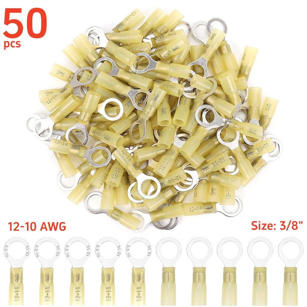 50Pcs 12-10 AWG Heat Shrink Ring Terminal wire Connector Yellow Gauge 3/8″ Hole