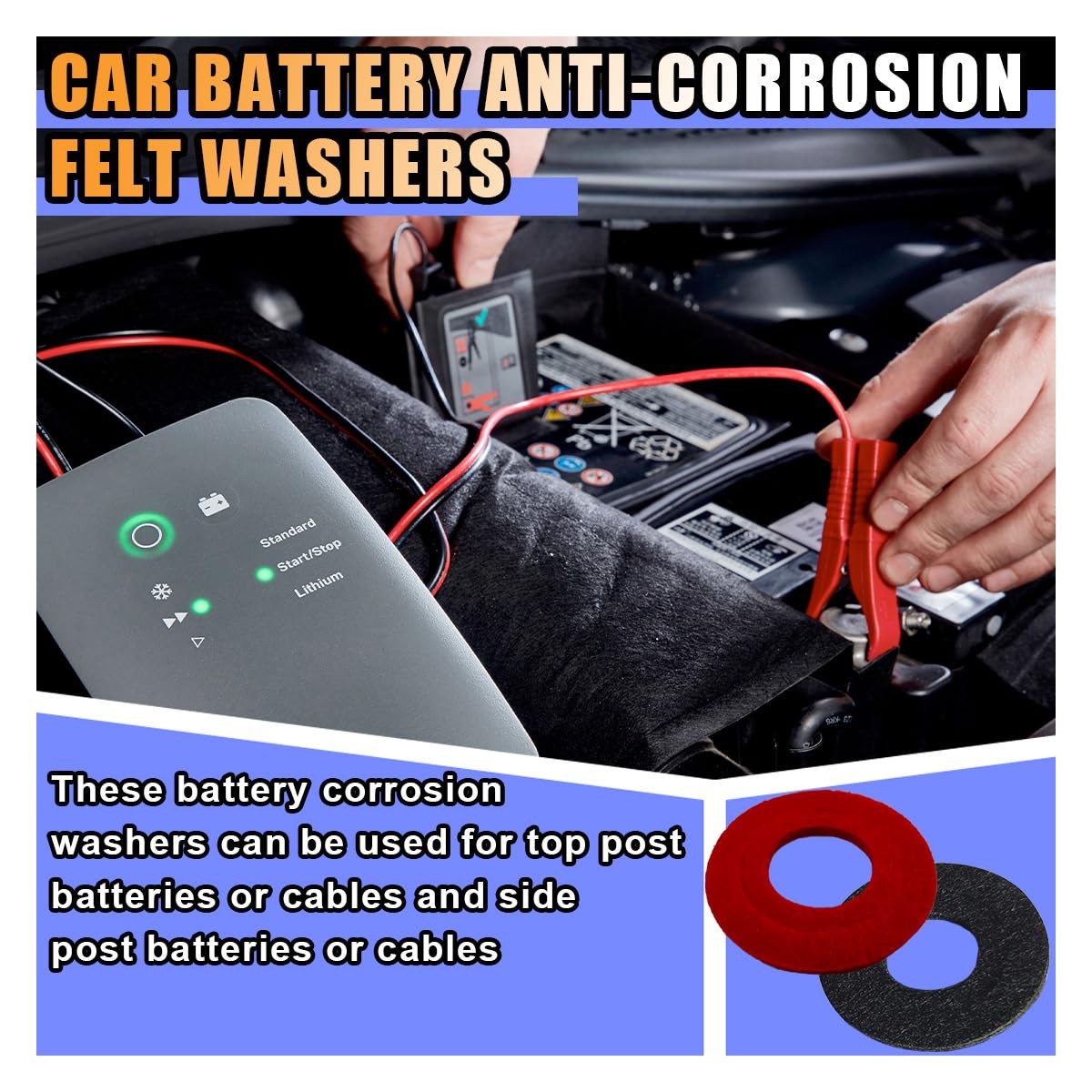 12 PCS Battery Terminal Washer Pad Anti Corrosion Fiber Top Side Red Black