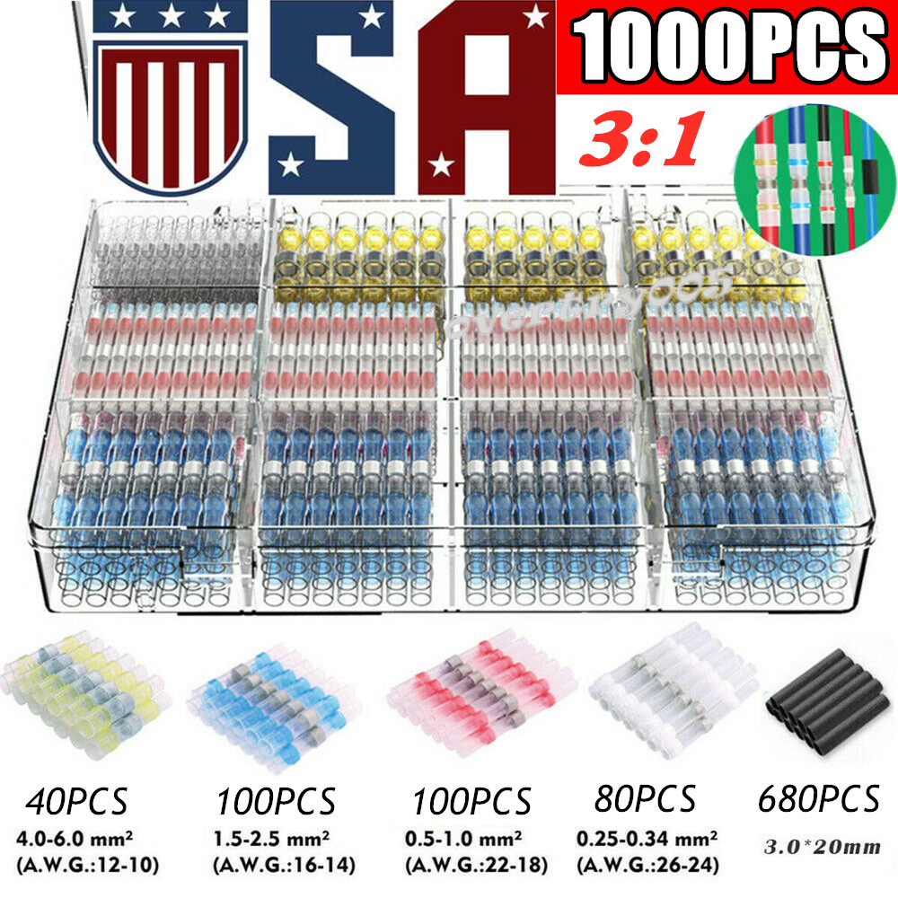 1000PCS Solder Seal Sleeve Heat Shrink Electric Butt Wire Connector Terminal Kit