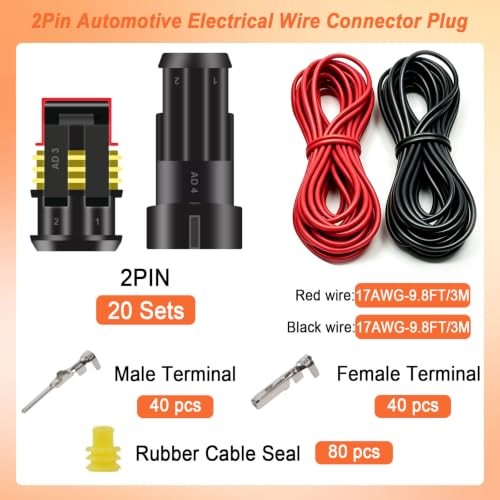 20Kit/202Pcs Car Waterproof Electrical Connectors 2 Pin Connector 202PCS Black