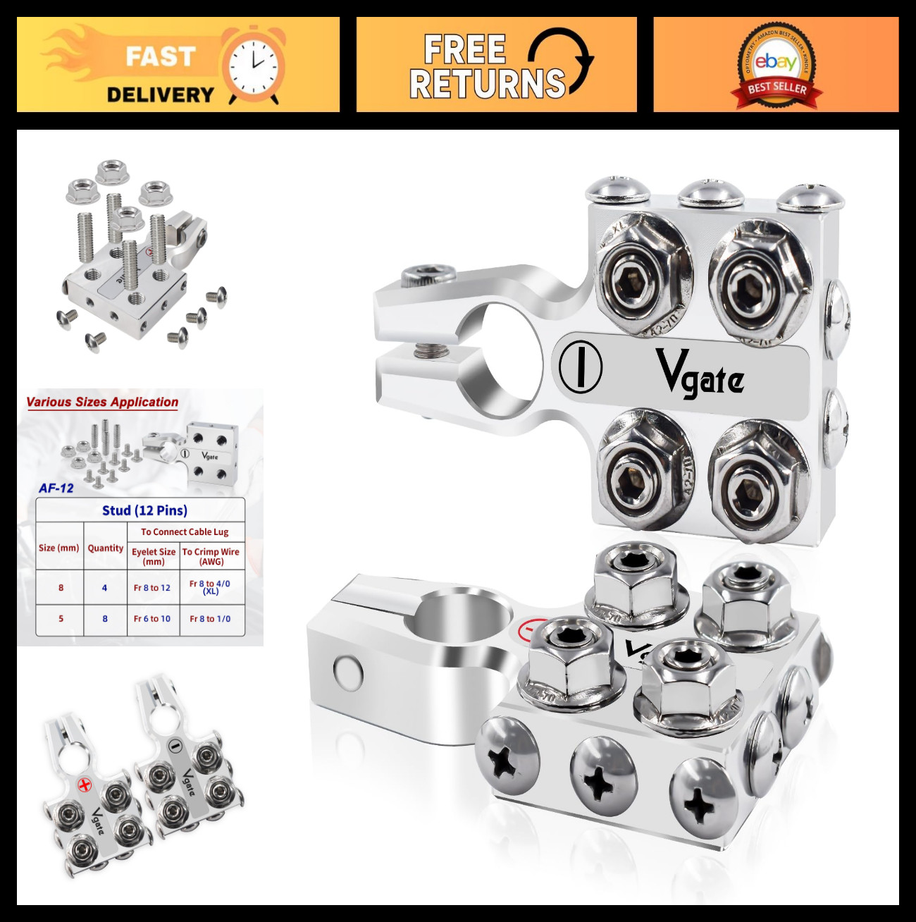 12-Way Battery Terminal Connector Clamps, 8AWG to 4/0 Gauge, Positive & Negative