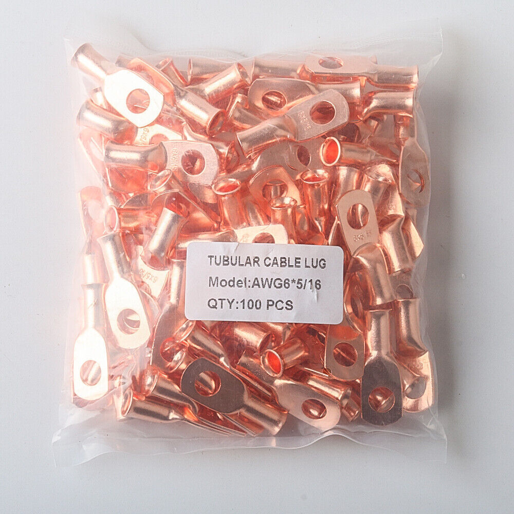 Terminal Battery Lug Bare Copper Un-Insulated AWG100PCS 6 Gauge Ring 5/16″ Hole