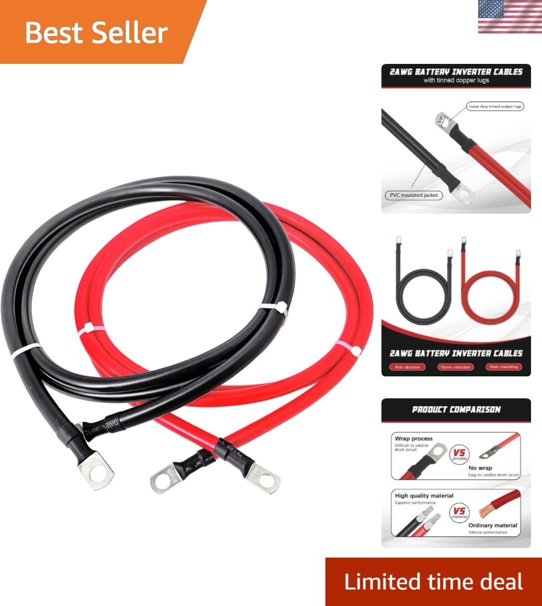 2 AWG Battery Cables 2 Gauge Pure Copper Battery Inverter Cables with 3/8 in …
