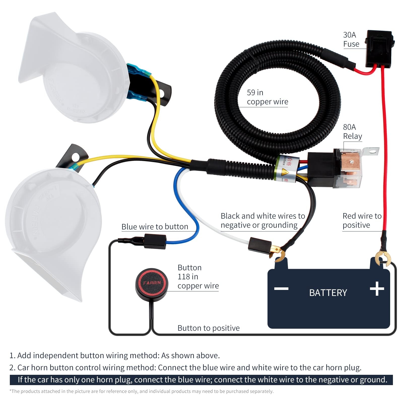 12v Car Horn Relay Wiring Kit and Horn Push Button with 3 Meters Wire Wiring …