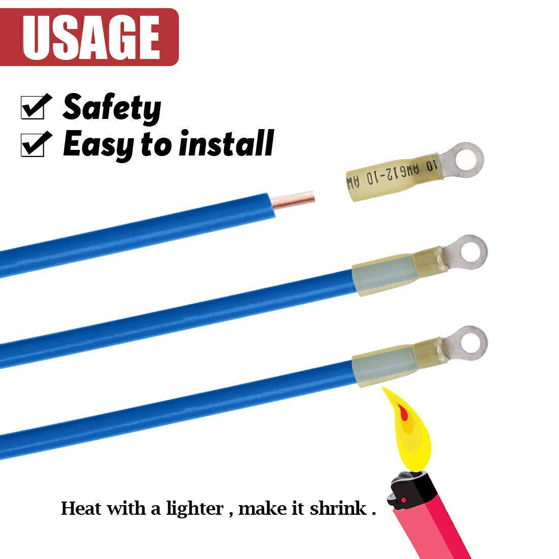 22-10AWG 50PCS Heat Shrink Ring Terminals Wire Crimp Connectors Waterproof US